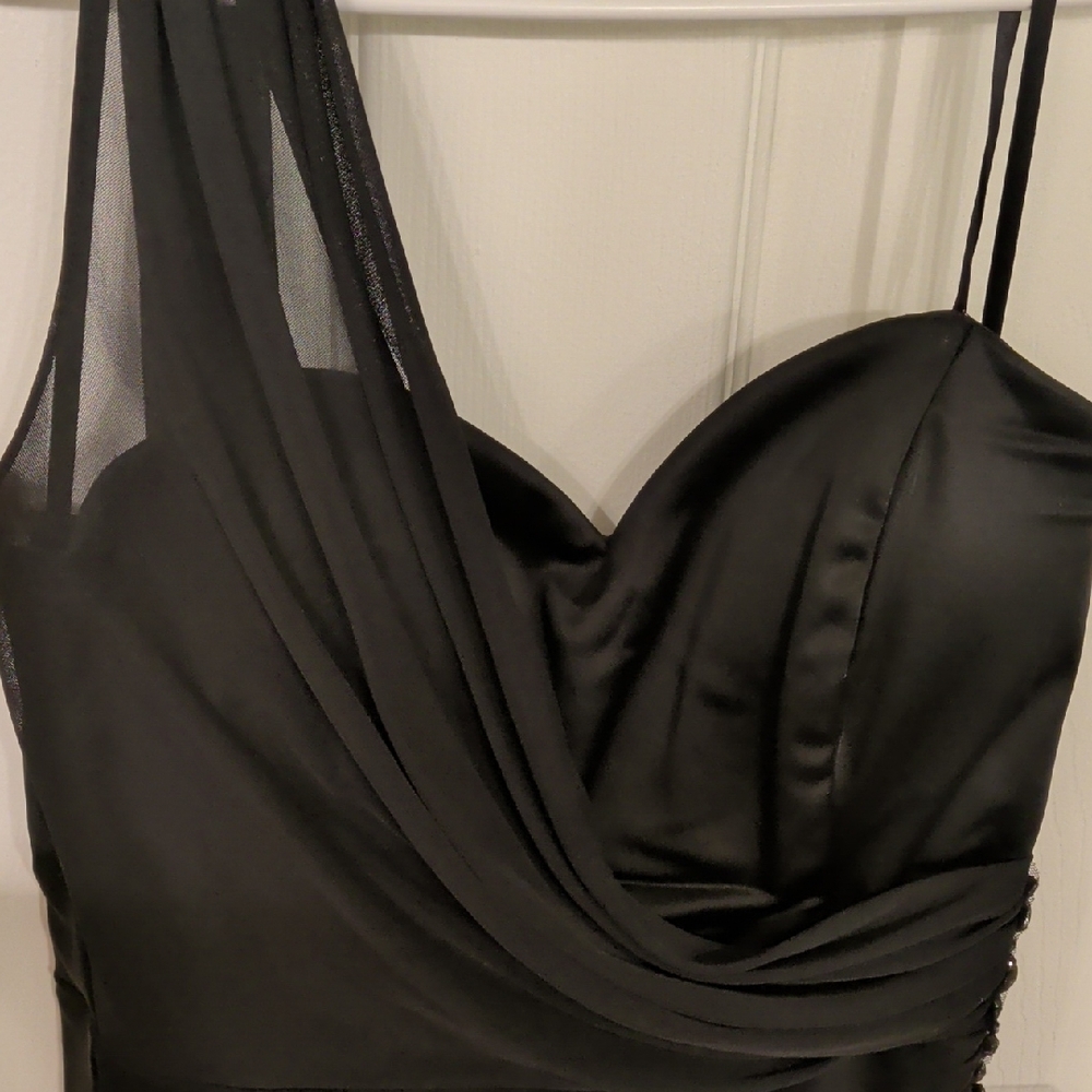 Xscape One Shoulder Black Dress with Embellishments